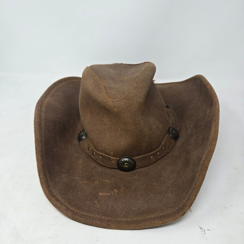 Minnetonka Silverton Cowboy Hat Brown Genuine Leather Western Concho Stud Medium